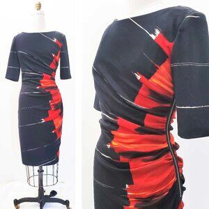 Maggy London Womens Pleated Black Red Orange Fire Fitted Stretch Dress 12
